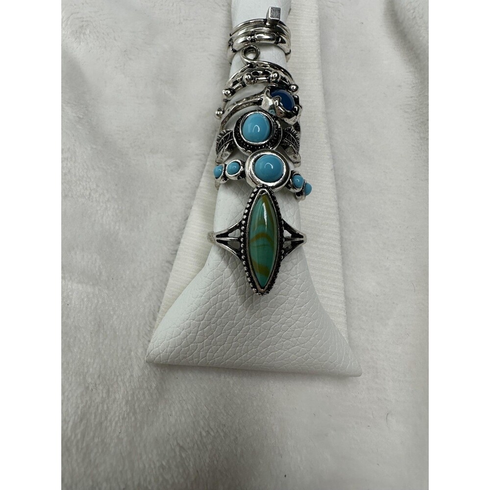 NEW Free People Boho Silver Tone Turquoise Stacking Rings Set Adjustable Jewelry - Picture 2 of 3